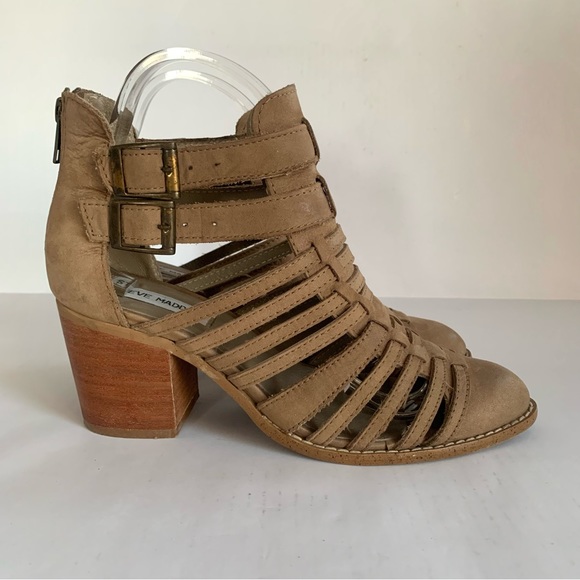 STEVE MADDEN FRENCHY CAGED LEATHER ANKLE BOOTS BOOTIES IN STONE/TAUPE EUC Sz 8 - Picture 2 of 9